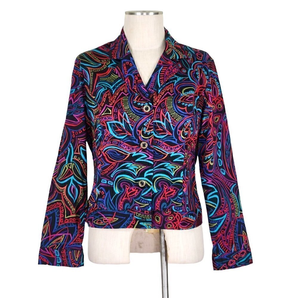 Chicos Abstract Blazer Jacket Size 1 M 8 Button Front Abstract Bright Colors